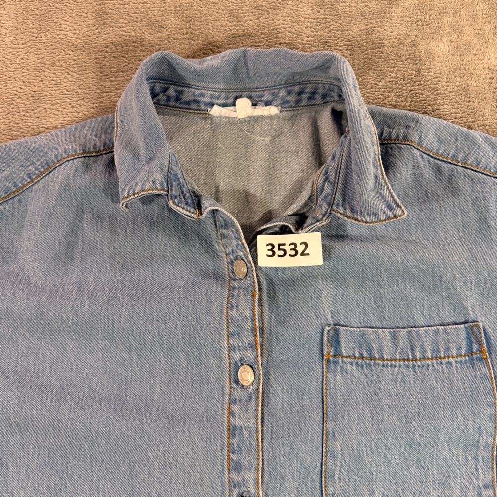 Jane + Delancey Denim Shirt Womens Medium Blue Short Sleeve Button Down Boxy Top